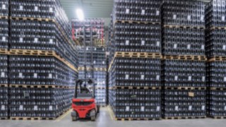 The X35 electric forklift truck from Linde Material Handling in use in the drinks warehouse