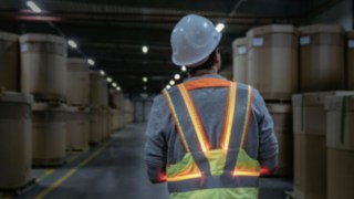 Mitarbeiter trägt die Secure Distance Vest von Linde Material Handling im Lager