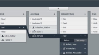 Im Bereich Organisation der Flottenmanagement-Software connect:desk von Linde Material Handling werden Fahrer, Einsatzort, zugewiesene Fahrzeuge und weitere Informationen bearbeitet.