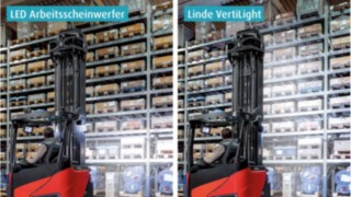 Anders als bei regulären Arbeitsscheinwerfern wird bei Linde VertiLight kein punktueller Lichtkegel erzeugt, sondern es entsteht eine großflächige, gleichmäßige und blendungsfreie Ausleuchtung vom Boden bis zur Hubhöhe. 