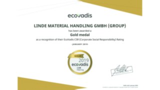 Für sein aktuelles CSR-Rating wurde Linde Material Handling von EcoVadis mit einer Goldmedaille ausgezeichnet. 